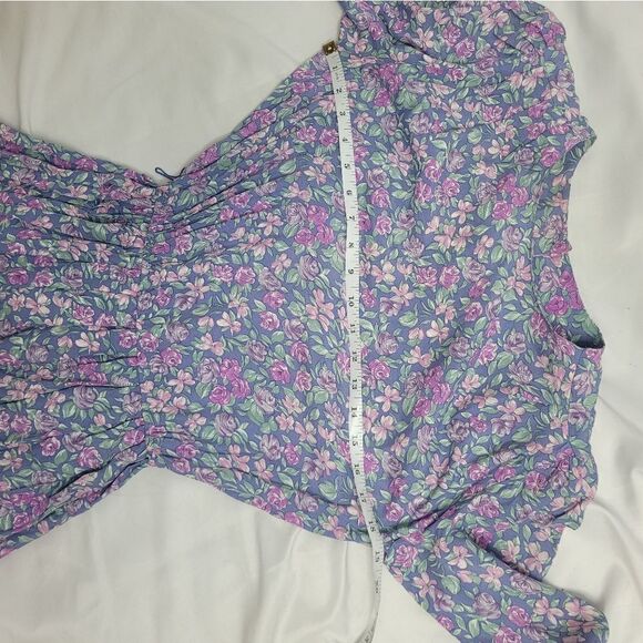 VINTAGE 70s dress blue floral puff sleeve button back rayon S - Picture 8 of 10
